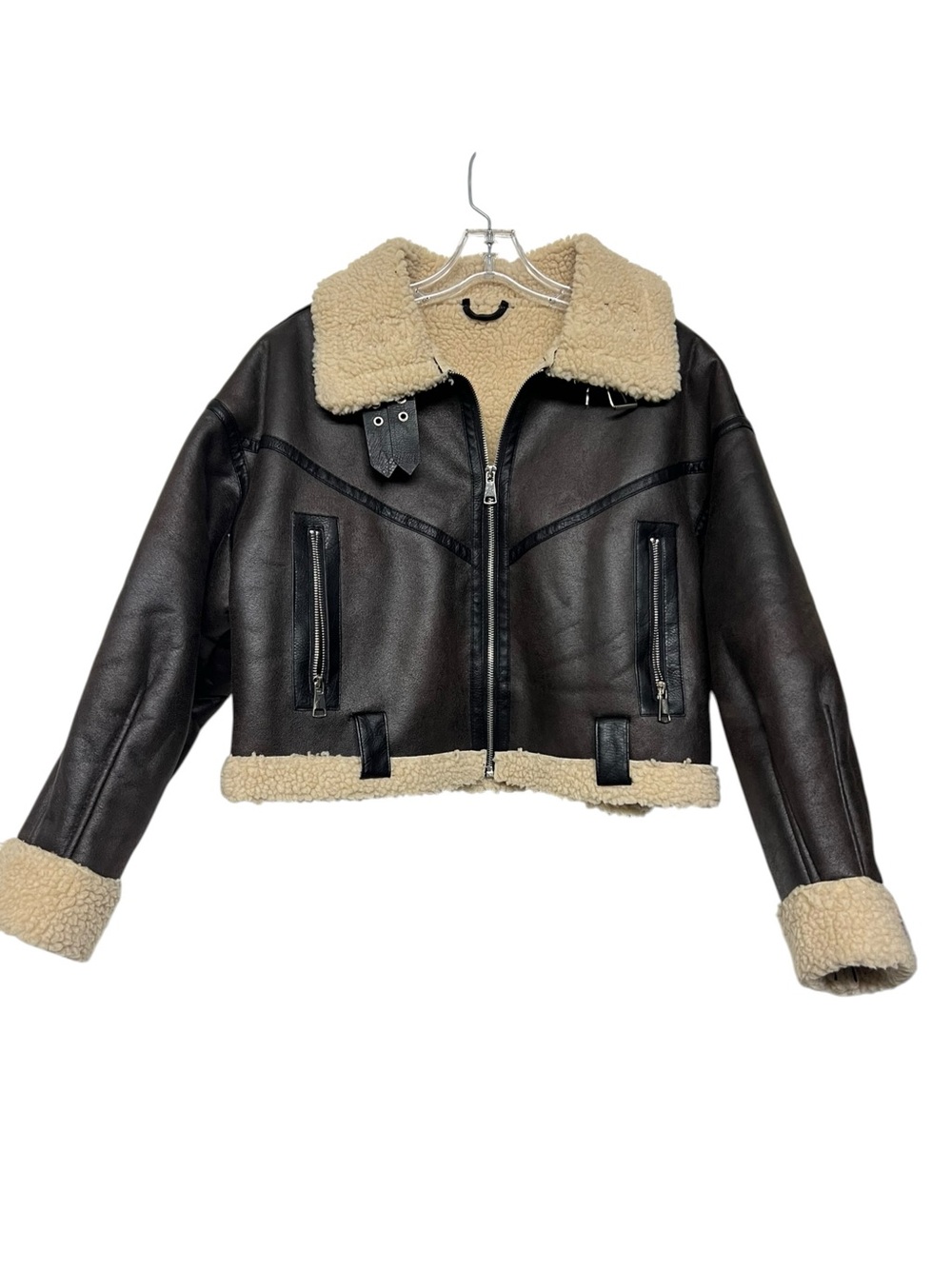 Faux Leather Shearling Trim Cropped Biker Jacket Sherpa Lined Chocolate Brown